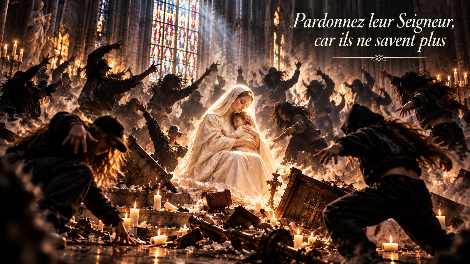 Illustration : dans une cathédrale en ruine, une mère lumineuse tient son enfant tandis que des silhouettes sombres d'adolescents s'agitent autour d'elle ; inscription « Pardonnez leur Seigneur, car ils ne savent plus ».
