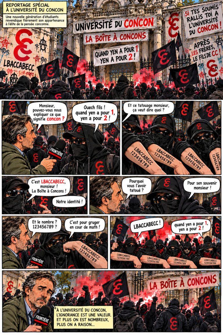 Planche de bande dessinée satirique : devant une université couverte de banderoles « La Boîte à Concons » et « Quand yen a pour 1, yen a pour 2 ! », des étudiants cagoulés en noir brandissent des drapeaux frappés d'un double C rouge ; un journaliste interroge l'un d'eux, qui montre un tatouage « LBACCABECC 123456789 » sur l'avant-bras.