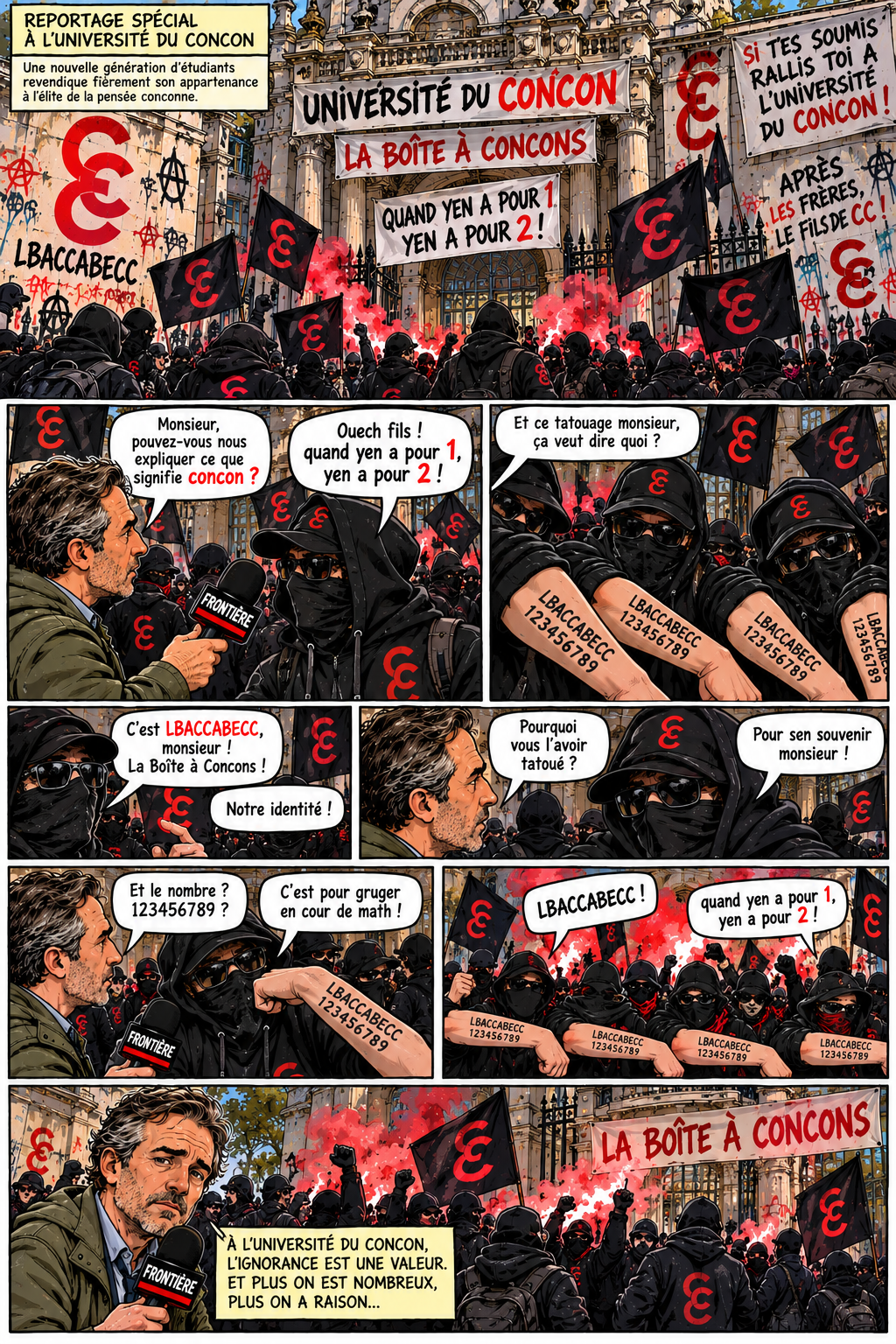Planche de bande dessinée satirique : devant une université couverte de banderoles « La Boîte à Concons » et « Quand yen a pour 1, yen a pour 2 ! », des étudiants cagoulés en noir brandissent des drapeaux frappés d'un double C rouge ; un journaliste interroge l'un d'eux, qui montre un tatouage « LBACCABECC 123456789 » sur l'avant-bras.