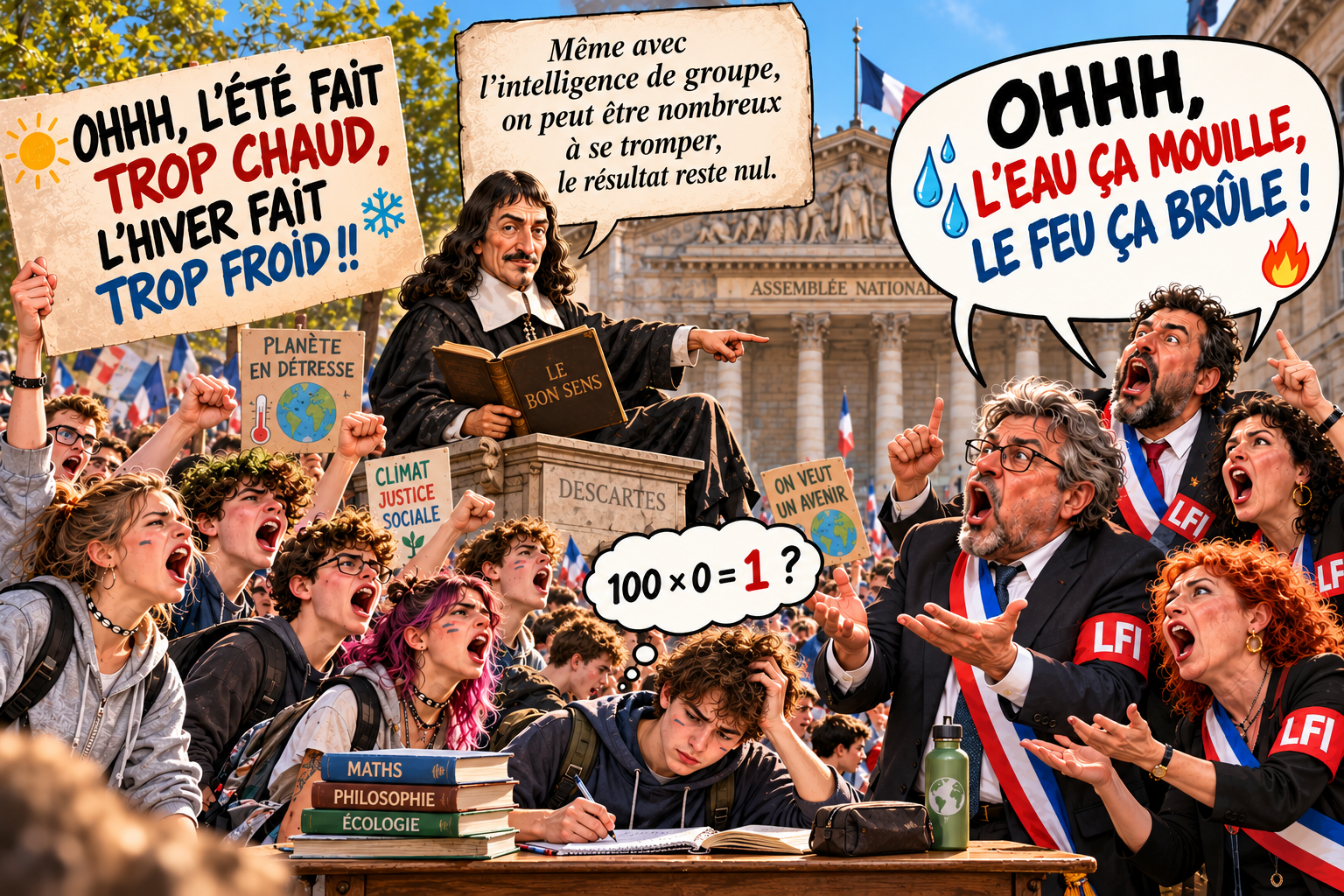 Caricature devant l'Assemblée nationale : des lycéens manifestent avec des pancartes « L'été fait trop chaud, l'hiver fait trop froid » et « Climat, justice sociale » ; des députés ceints de l'écharpe tricolore s'exclament « L'eau ça mouille, le feu ça brûle ! » ; Descartes, sur un socle, montre du doigt un élève penché sur ses cahiers qui se demande si 100 × 0 = 1.