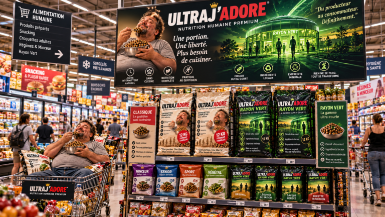 Caricature publicitaire dans un supermarché : un homme barbu, assis béatement dans un caddie, mange à la cuillère des croquettes pour humains ; autour de lui, des sacs de 12 kg « ULTRAJ’ADORE — Nutrition humaine premium » et la gamme verte « Rayon Vert — Du producteur au consommateur. Définitivement. »