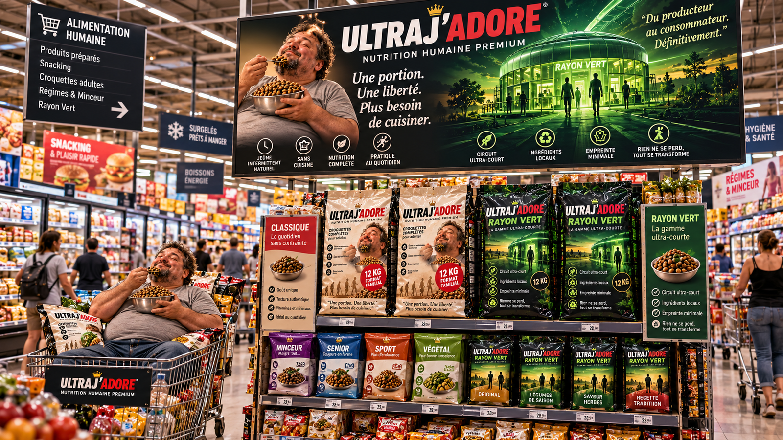 Caricature publicitaire dans un supermarché : un homme barbu, assis béatement dans un caddie, mange à la cuillère des croquettes pour humains ; autour de lui, des sacs de 12 kg « ULTRAJ’ADORE — Nutrition humaine premium » et la gamme verte « Rayon Vert — Du producteur au consommateur. Définitivement. »