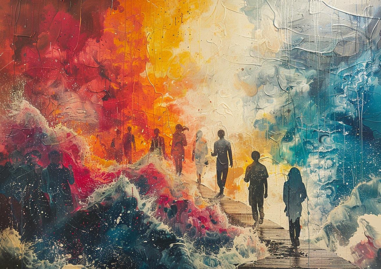 Peinture aux couleurs vives : des silhouettes de jeunes marchent sur une passerelle de bois entre des vagues rouges et bleues, vers une lumière claire.