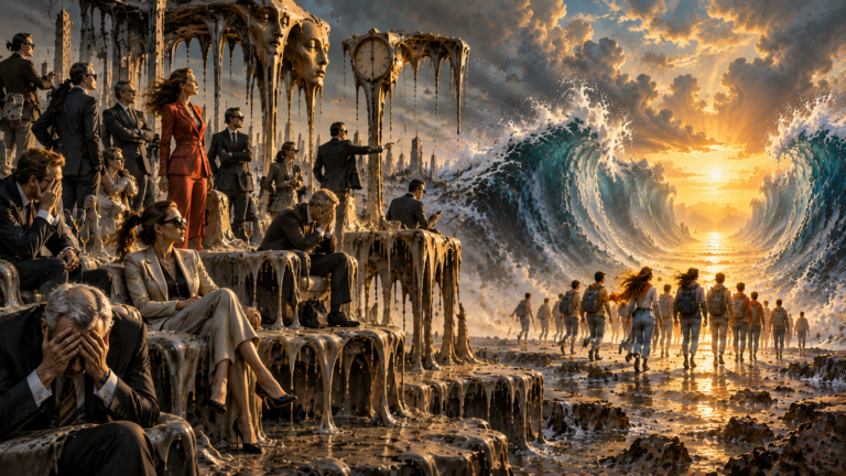 Illustration allégorique : à gauche, des responsables en costume sur une terrasse qui fond comme de la cire, certains se cachant le visage ; à droite, la mer s'ouvre en deux murs d'eau sur une trouée de lumière dorée vers laquelle marche une jeunesse sac au dos.
