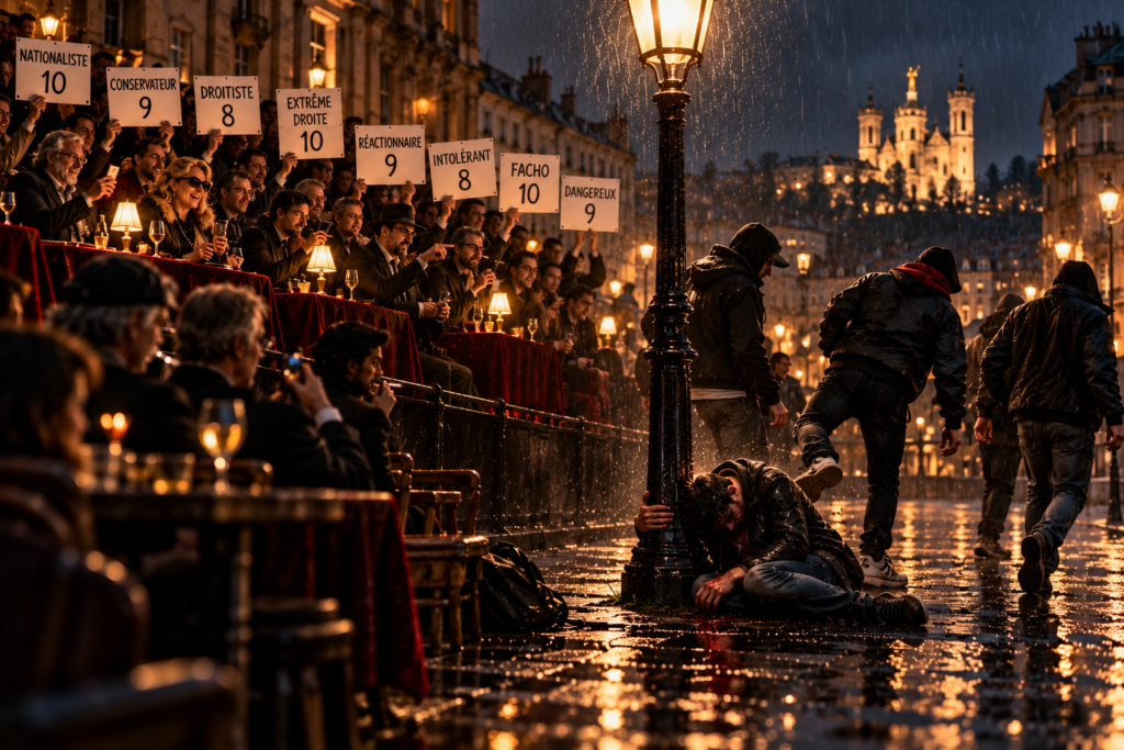 Illustration allégorique : sous la pluie à Lyon, devant Fourvière illuminée, un jeune homme effondré au pied d'un réverbère ; des silhouettes encapuchonnées s'éloignent tandis qu'un public attablé lève des pancartes notées « Nationaliste », « Conservateur », « Extrême droite », « Facho », « Dangereux ».