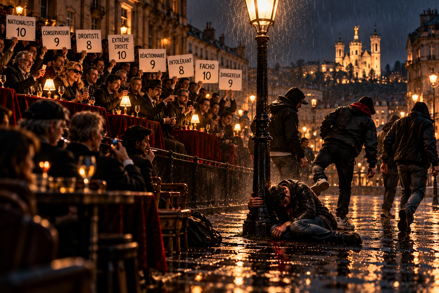 Illustration allégorique : sous la pluie à Lyon, devant Fourvière illuminée, un jeune homme effondré au pied d'un réverbère ; des silhouettes encapuchonnées s'éloignent tandis qu'un public attablé lève des pancartes notées « Nationaliste », « Conservateur », « Extrême droite », « Facho », « Dangereux ».