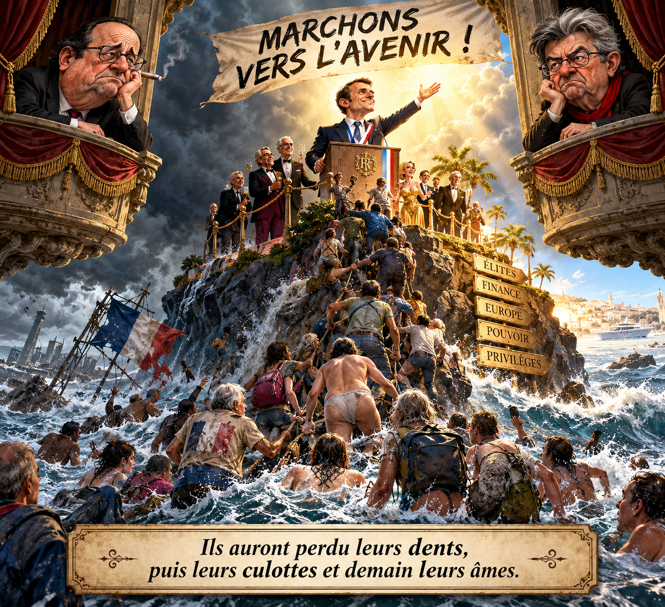 Caricature : sur un îlot battu par la tempête, un président en costume harangue la foule depuis un pupitre tricolore sous la banderole « Marchons vers l'avenir ! », tandis que le peuple, en haillons, se noie ou grimpe vers le sommet ; deux anciens responsables politiques observent la scène depuis des balcons de théâtre.