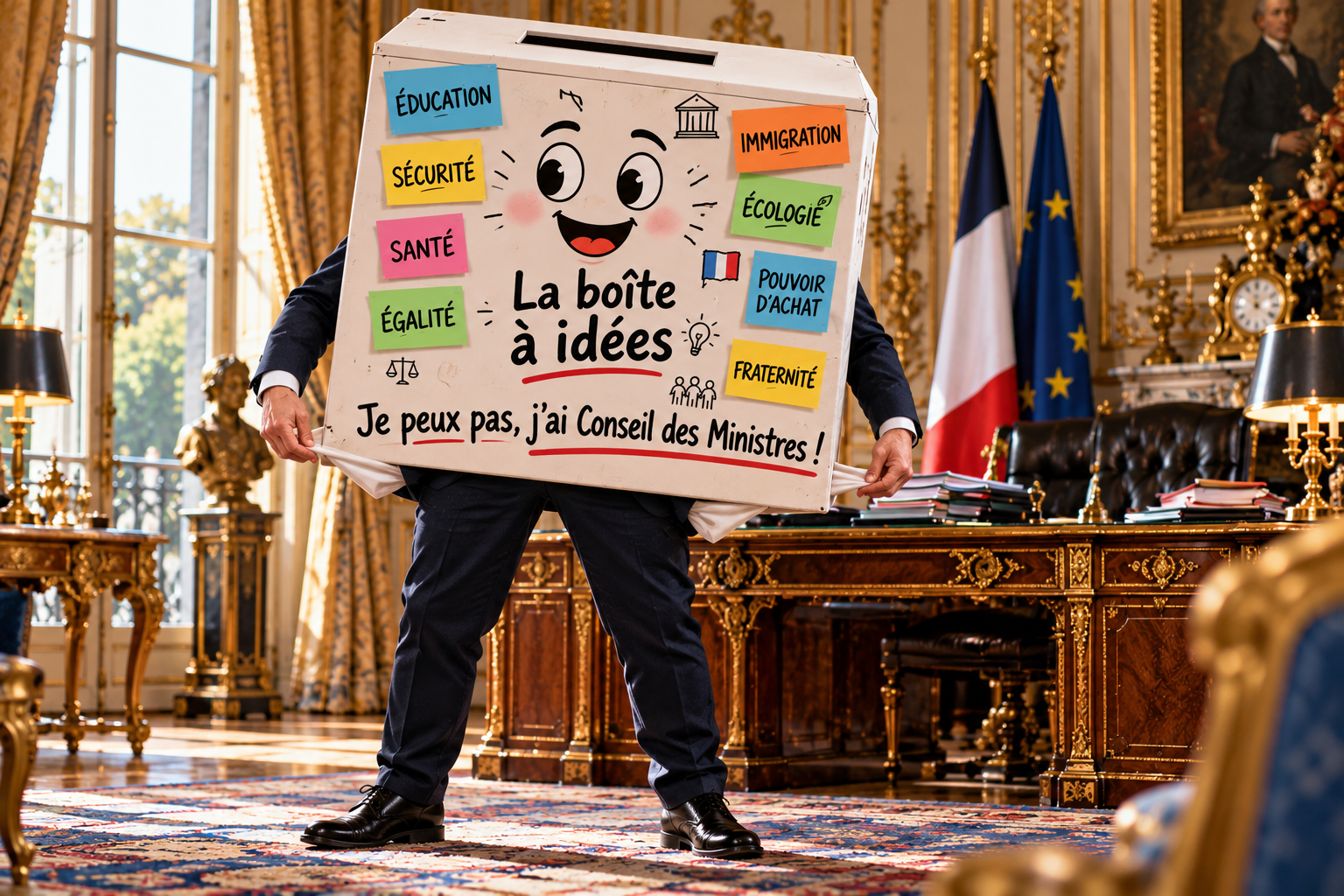 Satire : une boîte à idées souriante en costume, couverte de post-it (éducation, sécurité, santé, immigration, pouvoir d'achat…), retourne ses poches vides dans un salon doré de l'Élysée : « Je peux pas, j'ai Conseil des Ministres ! »